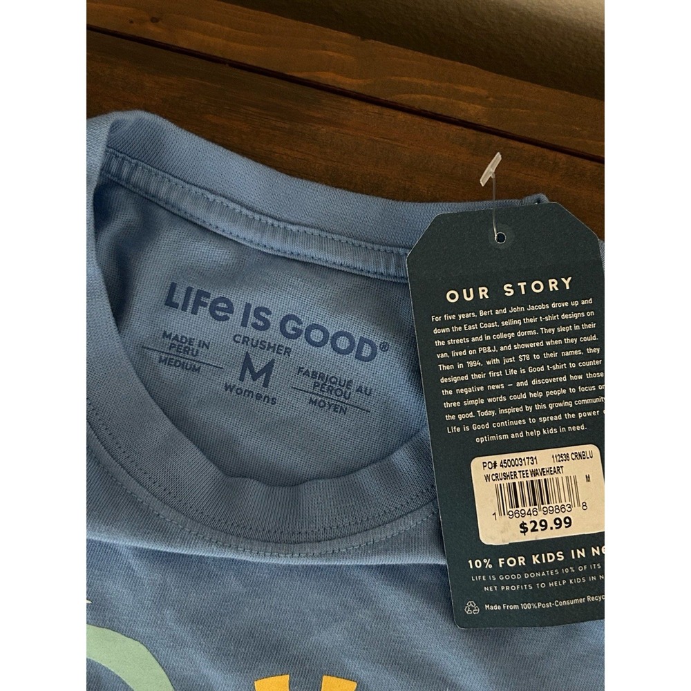 NEW Life Is Good Blue Wave Heart Short Sleeve Crusher Tee T-Shirt Cotton Sz M - Picture 4 of 6